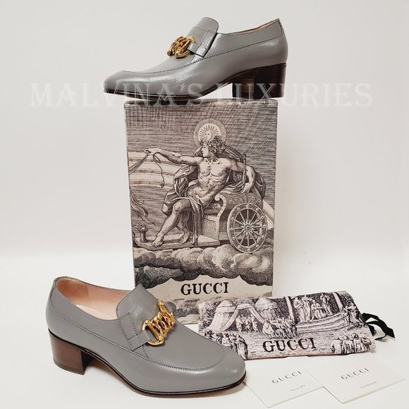 GUCCI SHOES EBAL GRAY LEATHER HORSEBIT CHAIN LOAFERS ICE LOLLY sz 37 7 US - Picture 2 of 15